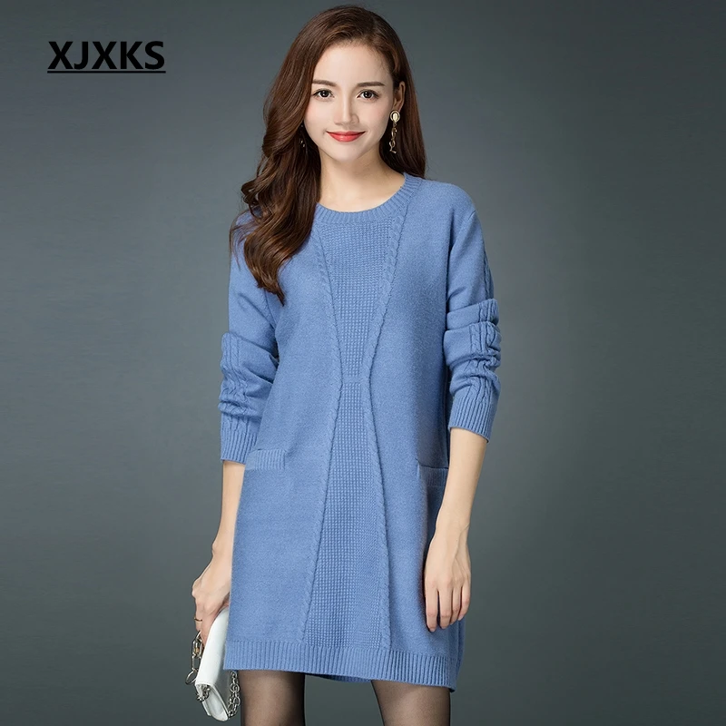 

XJXKS Long Sweater For Women Fashion Solid Female Sweater Dress With Pockets High Quality Cashmere Women Sweaters And Pullovers