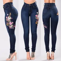 Женская мода вышитые ноги высокие эластичные джинсы синие отверстия женские джинсовые брюки для женщин облегающие джинсы