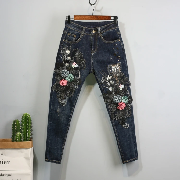 

Denim Trousers Denim Pants Women Autumn Winter New Jeans Lace Flower Embroidery Slim Fashion Blue Jeans Stretch Pants Student
