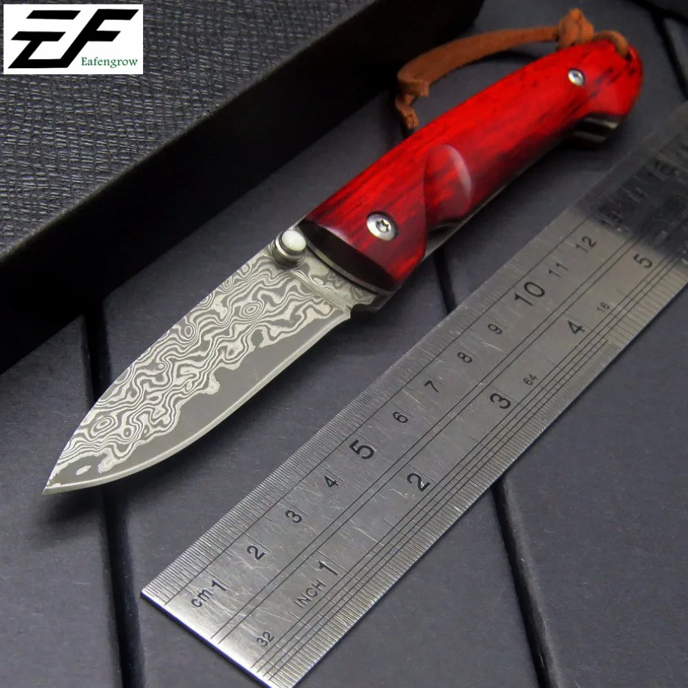 

New EF84 Folding Blade Knife Red Wood Handle Damascus Steel Outdoor Camping Tool Survival Tactical Knives Hand Tools