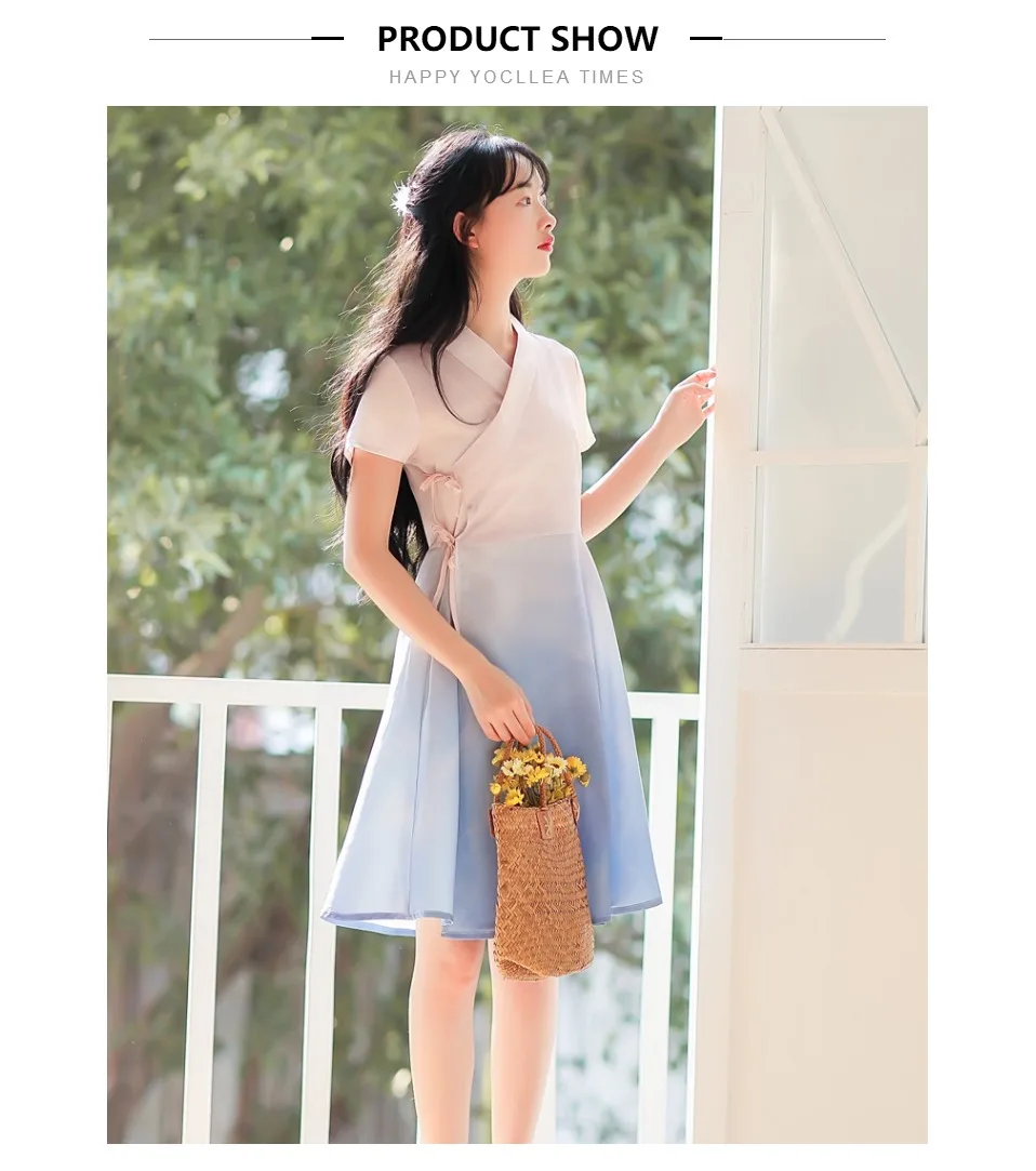 Pink Blue gradual change Print dress Retro Young girl student short sleeve dresses vestidos summer A-Line dress women