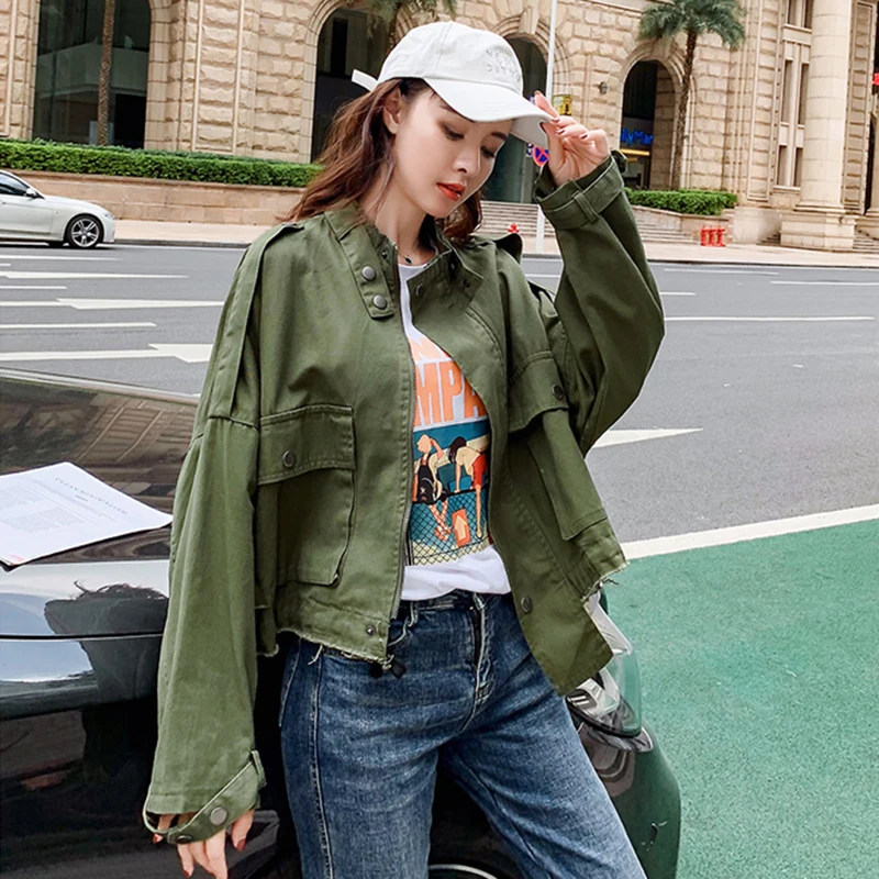 

2019 Autumn Jacket Womens Streetwear pockets Windbreaker bomber Jackets Loose Basic Coats harajuku Outerwear chaqueta mujer