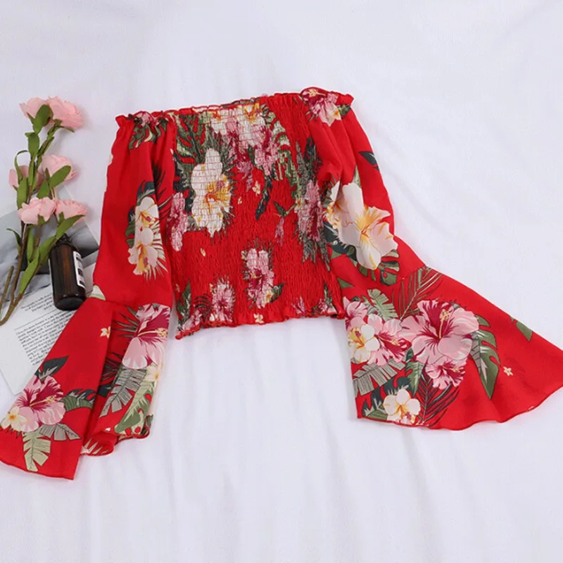 

B Korean Summer Blouse Woman Spring Slash Neck Long Flare Sleeve blusas Floral Pattern Chiffon Womens Tops And Blouses Harajuku