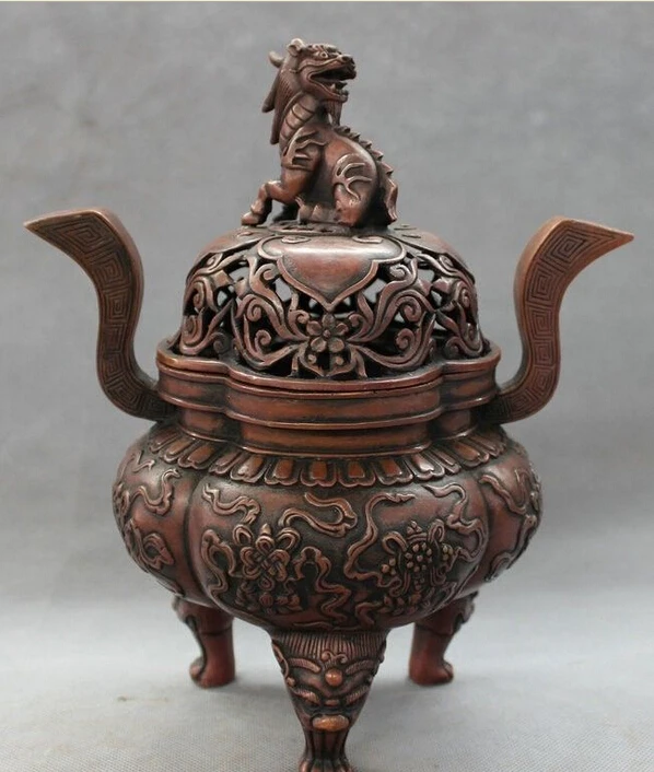 

11 Folk Tibet Bronze 8 Auspicious Symbol Lion Kylin Statue Incense Burner Censer