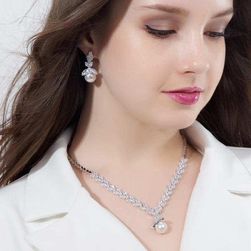 CWWZircons 3 Piece Sparkling CZ Dangle Drop Pearl Bridal Wedding Party Necklace Earrings Bracelet Jewelry Sets for Women T252|jewelry sets