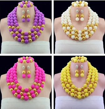 

Amazing African Beads Jewelry Set Nigerian Beads Dubai Gold-color Jewelry Sets 2017 Handmade Balls Beads Necklace
