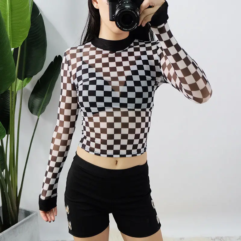 

2017 Fashion Summer Crop Top Women Casual Plaid Checkered Long Sleeve Ladies T Shirt Loose Tops Tee
