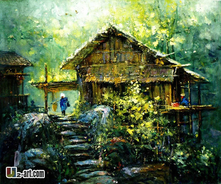 

Thatched house oil painting printing canvas prints of landscape oil printing reproduction for decoratiing office