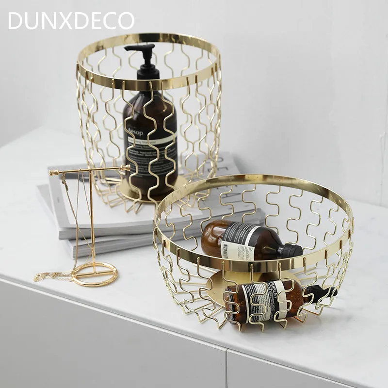 

DUNXDECO Home Office Storage Golden Luxury Iron Basket Fruit Bread Holder Table Organiser Nordic Metal Style Artistic Room Decor