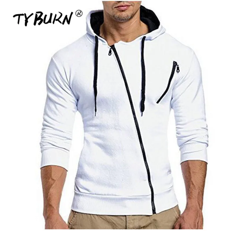 

TYBURN 2019 Diagonal Zipper Sweatshirt Casual Slimline Pull Thick Men's Cardigan Autumn Solid Color Jacket Hoodie