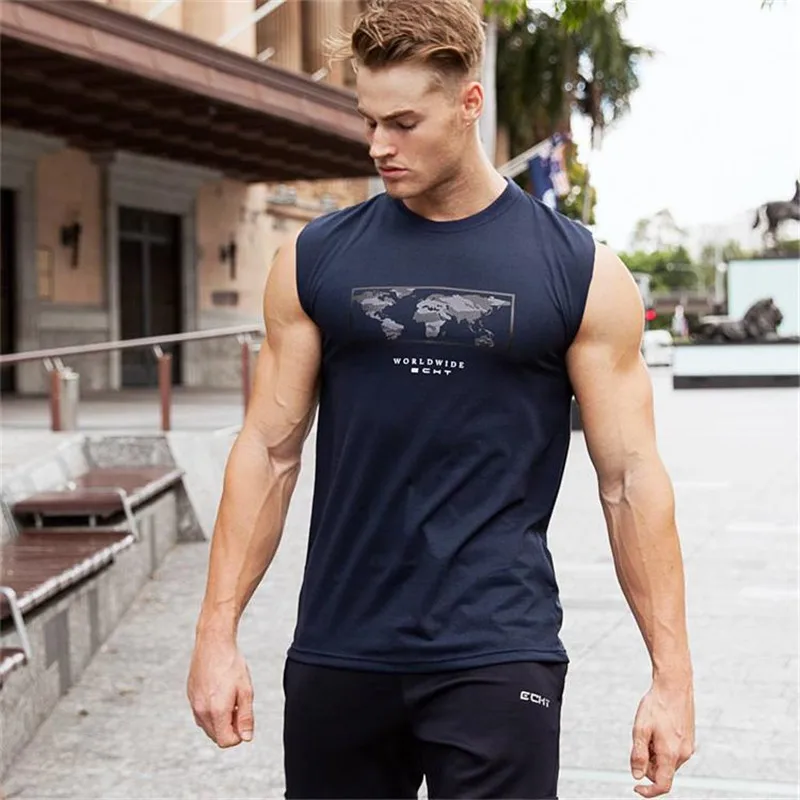 

2019 Brand Fashion Mens Sleeveless Summer Elastic Breathable Vest Cotton Slim Men Gyms Clothing Bodybuilding Fitness Tank Tops