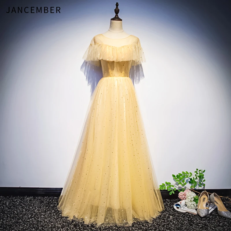 

JANCEMBER 2019 Latest Light Luxury Evening Dresses Cap Short Sleeve Backless Lace Up Back Sequins Illusion O Neck dinner gown