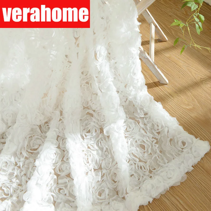 

Pastoral Korean Creative White Lace 3D Rose Curtains Voile Custom Window Screens For Marriage party Bedroom Living Room
