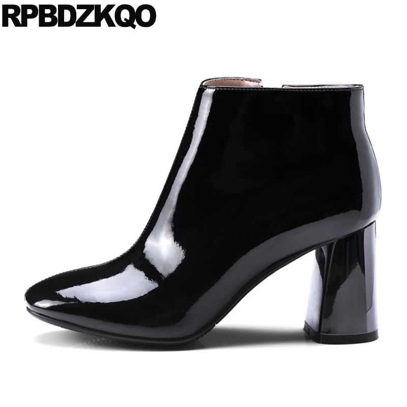 Short Chunky Fall High Heel Black Side Zip Boots Genuine Leather Fashion Ankle Booties 2017 Shoes Patent Round Toe New Ladies