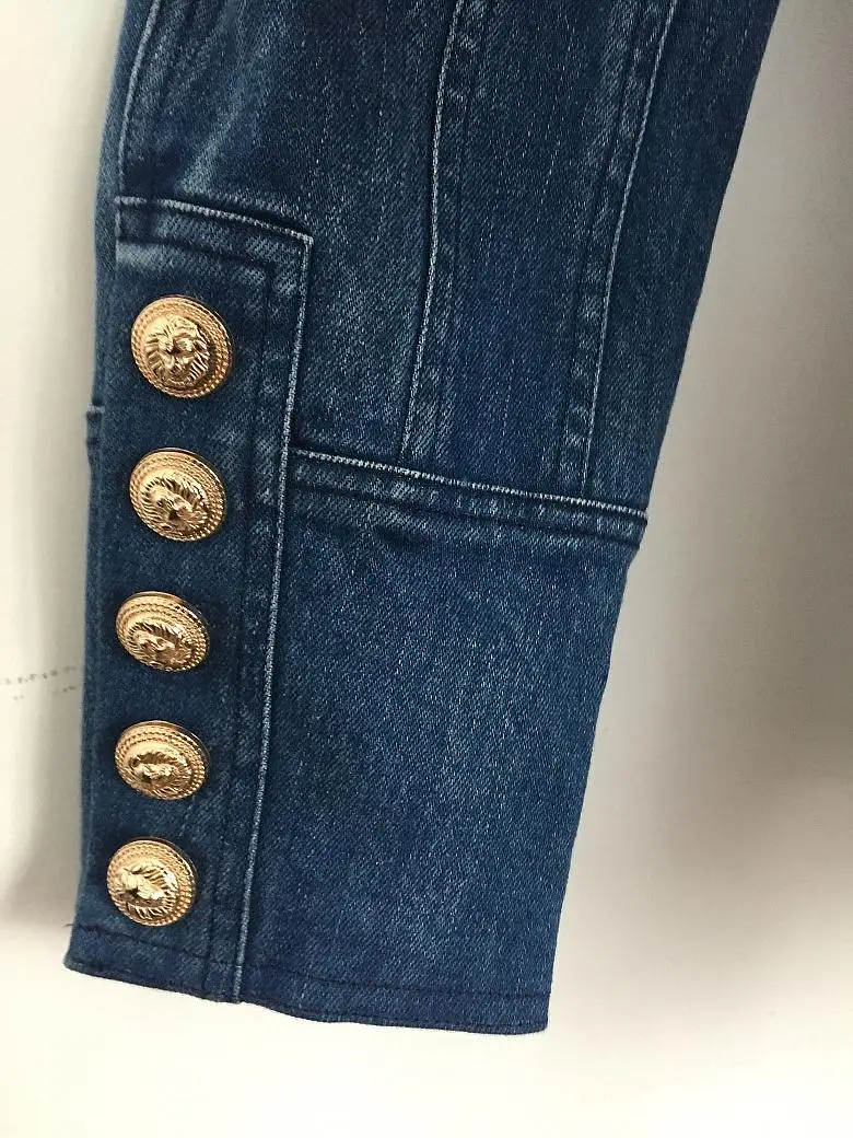Высокое качество Новая мода 2018 дизайнерский Блейзер Женский металлический Лев пуговицы двубортный джинсовый пиджак верхняя куртка пальто