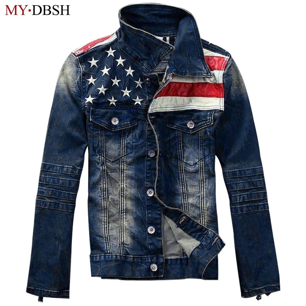 

2019 New Button American Flag Jeans Jacket Vintage Denim Jackets Patchwork Leather Jeans Coat Slim Stylish Long Sleeve Jacket