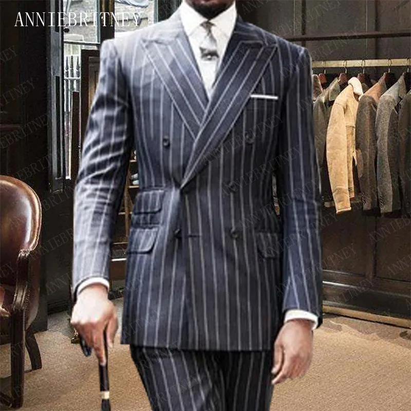 

ANNIEBRITNEY Men Wedding Suits 2019 Formal Grey Stripes Printed Tuxedo Man Suit Slim Fit Groom Suits Custom Suit for Men Blazer