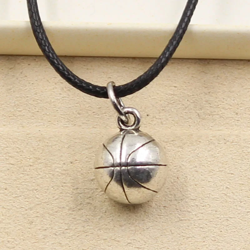 

New Fashion Tibetan Silver Pendant basketball Necklace Choker Charm Black Leather Cord Factory Price Handmade jewelry