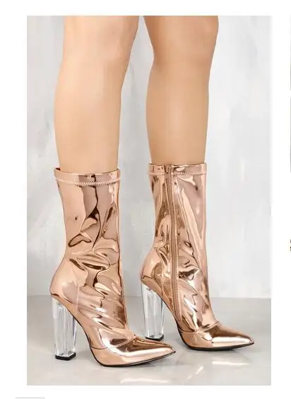 

Glitter rose gold Spring boots transparent clear heels pointed toe sequined cloth women shiny sheos mid-calf women boots silver