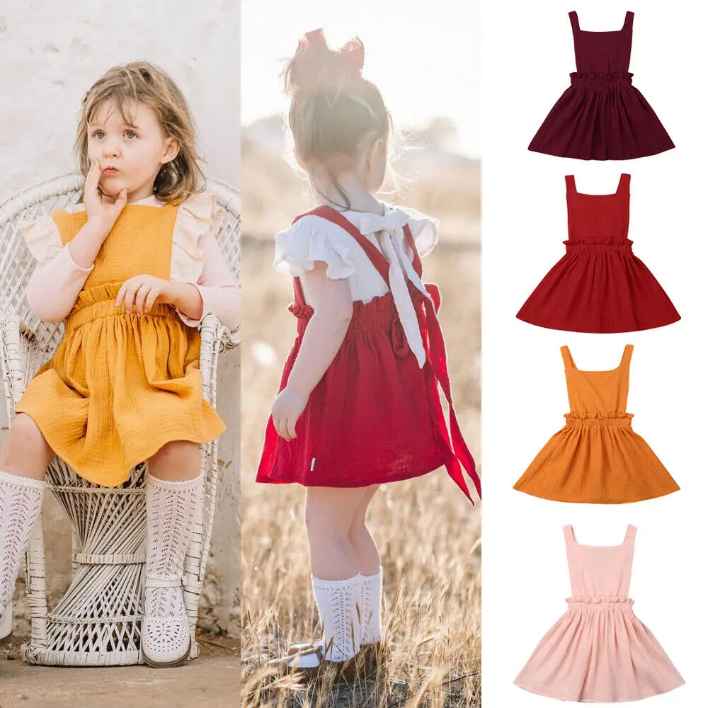 

2019 New Toddler Kids Baby Girl Princess Dress Solid Color Sleeveless Backless Bowknot Casual Ruffle Straps Dress Sundress 1-6Y