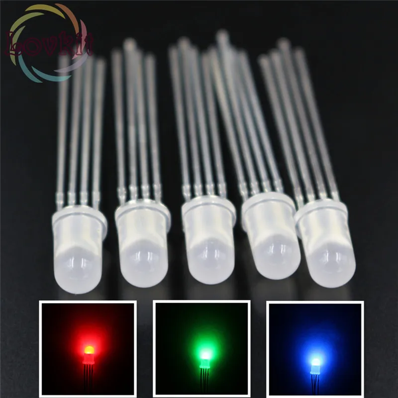 

100pcs 5mm Diffused Connon Anode/Connon Cathode Red Green Blue RGB LED 4Pins Tri Color Emitting Diodes