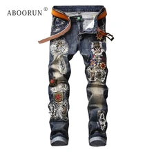 ABOORUN панк мужские Модные джинсы с цветочной вышивкой в стиле пэчворк мужские брендовые рваные джинсы x1401
