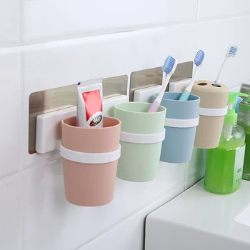 

Creative Colored cup and Toothbrush Holder Wall Hanging Toothpaste Mouth Cup Waterproof Kitchen Bathroom Storage Shelf SQ-5063