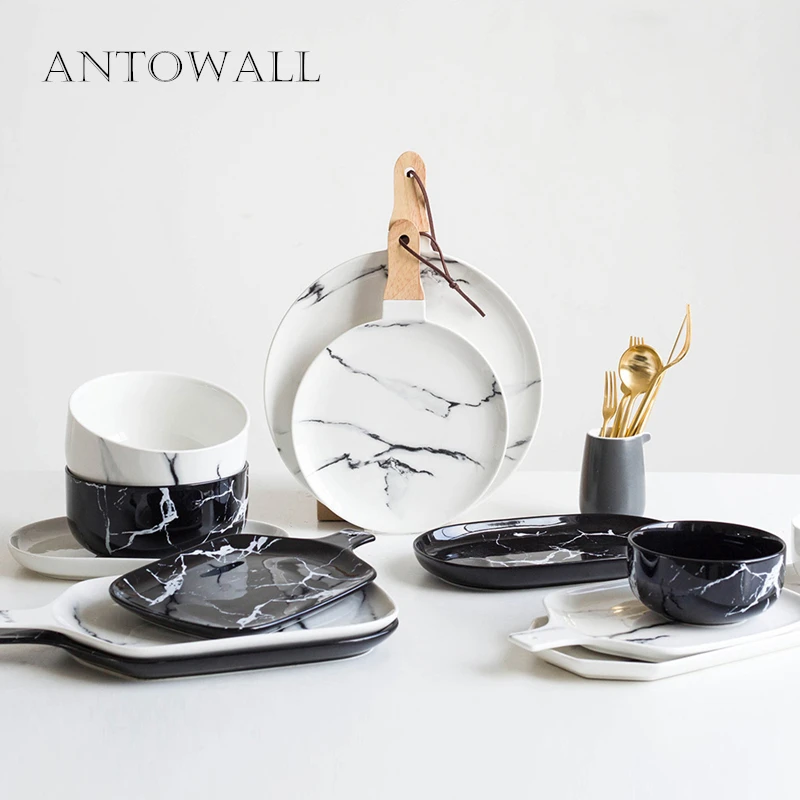 

ANTOWALL Marbled Ceramic Dinnerware Cake Steak Plate Western Food Snack Bread Dessert Tray Rice Bowl Noodle Bowl
