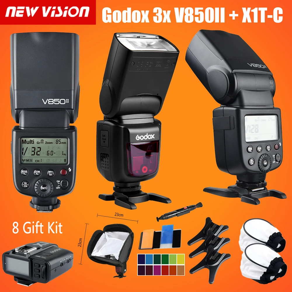 

Free DHL!3x Godox V850II 2.4G GN60 Wireless X System Li-ion Battery Speedlite +X1T-C Trigger Transmitter for Canon +Gift Kit
