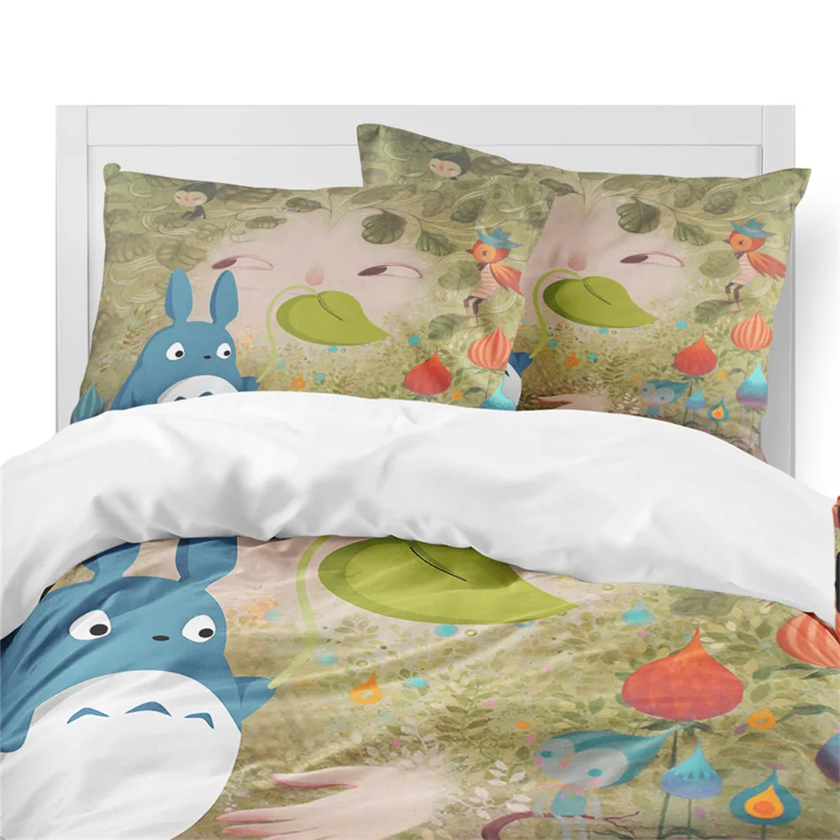 Милый мультяшный Тоторо, Комплект постельного белья, цветной пейзаж, растительный принт, набор пододеяльников для пуховых одеял, Набор детских милых постельных принадлежностей, наволочка, домашний декор, 3 шт
