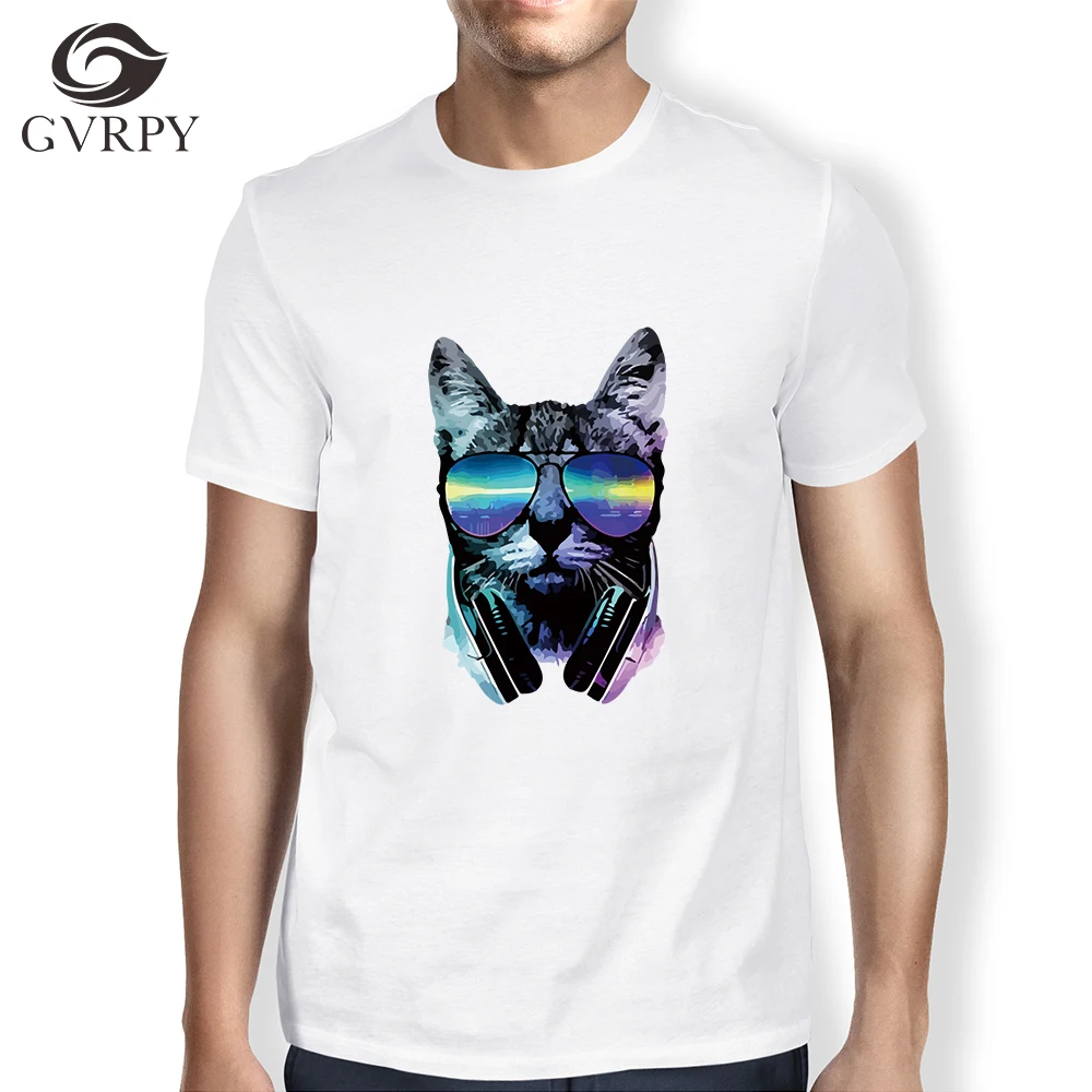 

HOT Music DJ Cat with Glasses Printed T-shirts for Men Short Sleeves O-neck Harajuku Fashion Male Summer t shirts Loose Top Tees