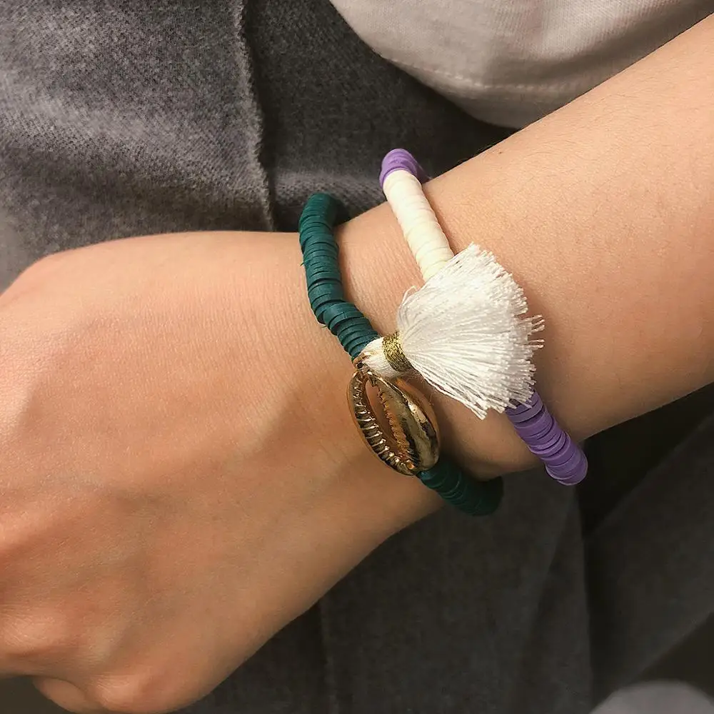 

DIEZI Bohemian Shell Tassel Bracelet Vintage Ethnic Beach Statement Purple Green White Cotton Rope Woven Bracelet for Women