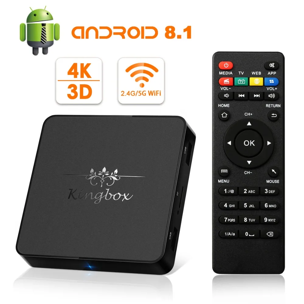 

[2018 Version]Android TV Box Kingbox Model-X Android 8.1 TV Box With IR Remote Control 2.4G/5G WiFi H.265 4K*2K HD 3D Media Box