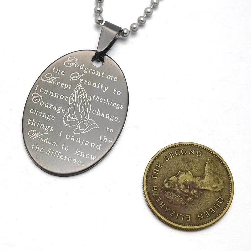 Black Stainless Steel English Serenity Prayer Oval Charm Pendant Necklace 60CM