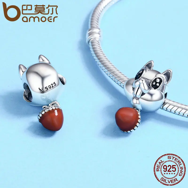 BAMOER Genuine 100% 925 Sterling Silver Squirrel & Hazelnut Animal Charm fit Girls Charm Bracelet Girls Jewelry Gift SCC326