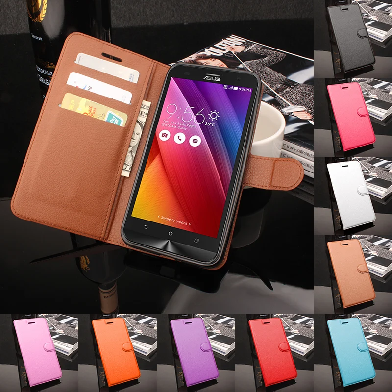

For Asus Zenfone Max/ZC550KL Phone Case Folio Flip Pure Color Lichee Pattern PU Leather Wallet Case Cover Cash/Card Slots