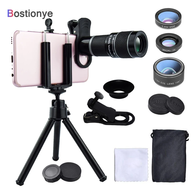 Bostionye 20X телеобъектив 6in1 Fisheye широкоугольный Макро Камера объектив мобильного