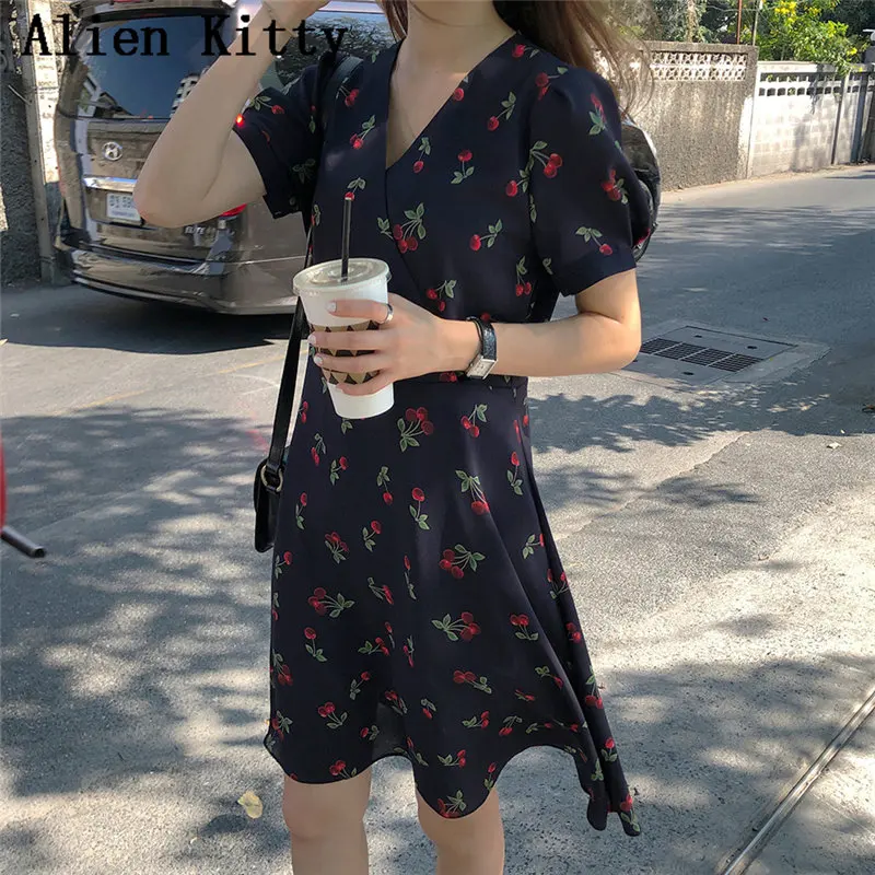 

Alien Kitty Sweet Female Print Cherries Elegant V-Neck 2019 Summer Short Sleeves Sexy Loose Casual Knee-Length Dark Blue Dress