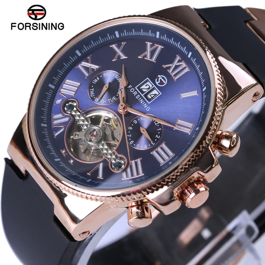 

Forsining Rose Golden Bezel Tourbillion Mechanical Mens Watch High Quality Silicone Band Male Automatic Watches Top Brand Luxury