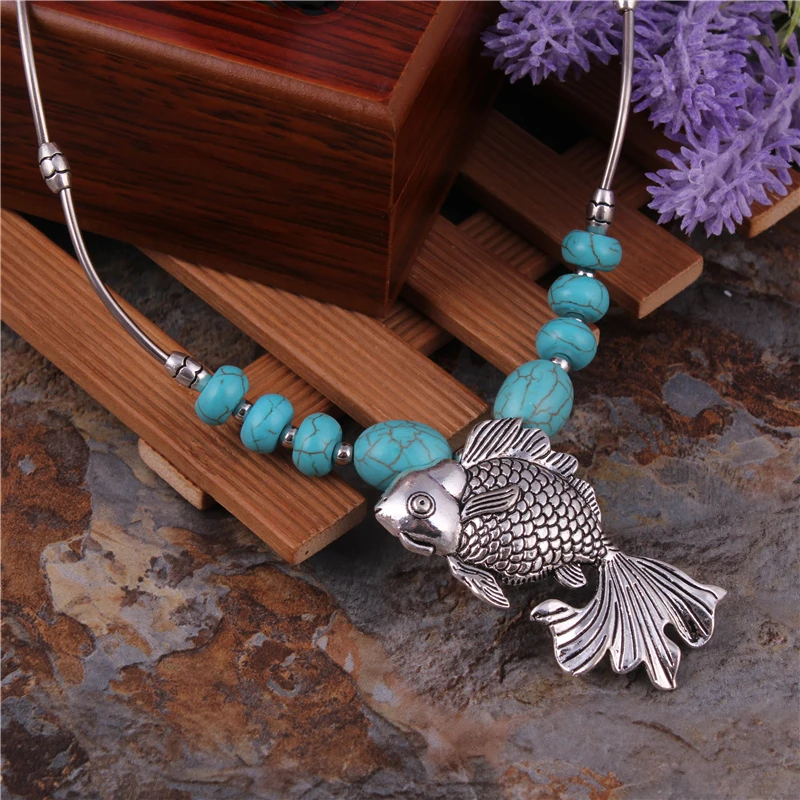 

Brand New Statement Jewelry Vintage Tibetan Silver Color Chain Stone Necklaces Alloy Fish Pisces Necklaces & Pendants For Women