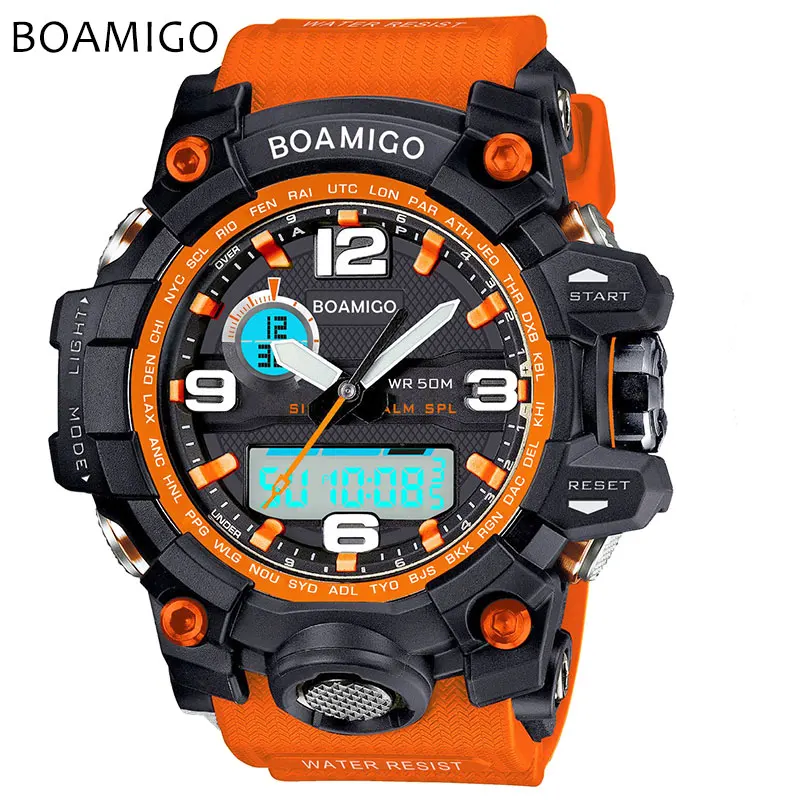 

BOAMIGO Men Sports Watches Dual Display Analog Digital LED Electronic Quartz Wristwatches Waterproof Swimming Military Watch
