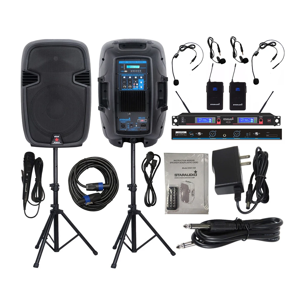 

STARAUDIO Pair 2000W 12" Active Powered DJ Bluetooth Speakers Stage DJ PA Stands 2CH UHF Wireless Headset Microphone SSD-12A