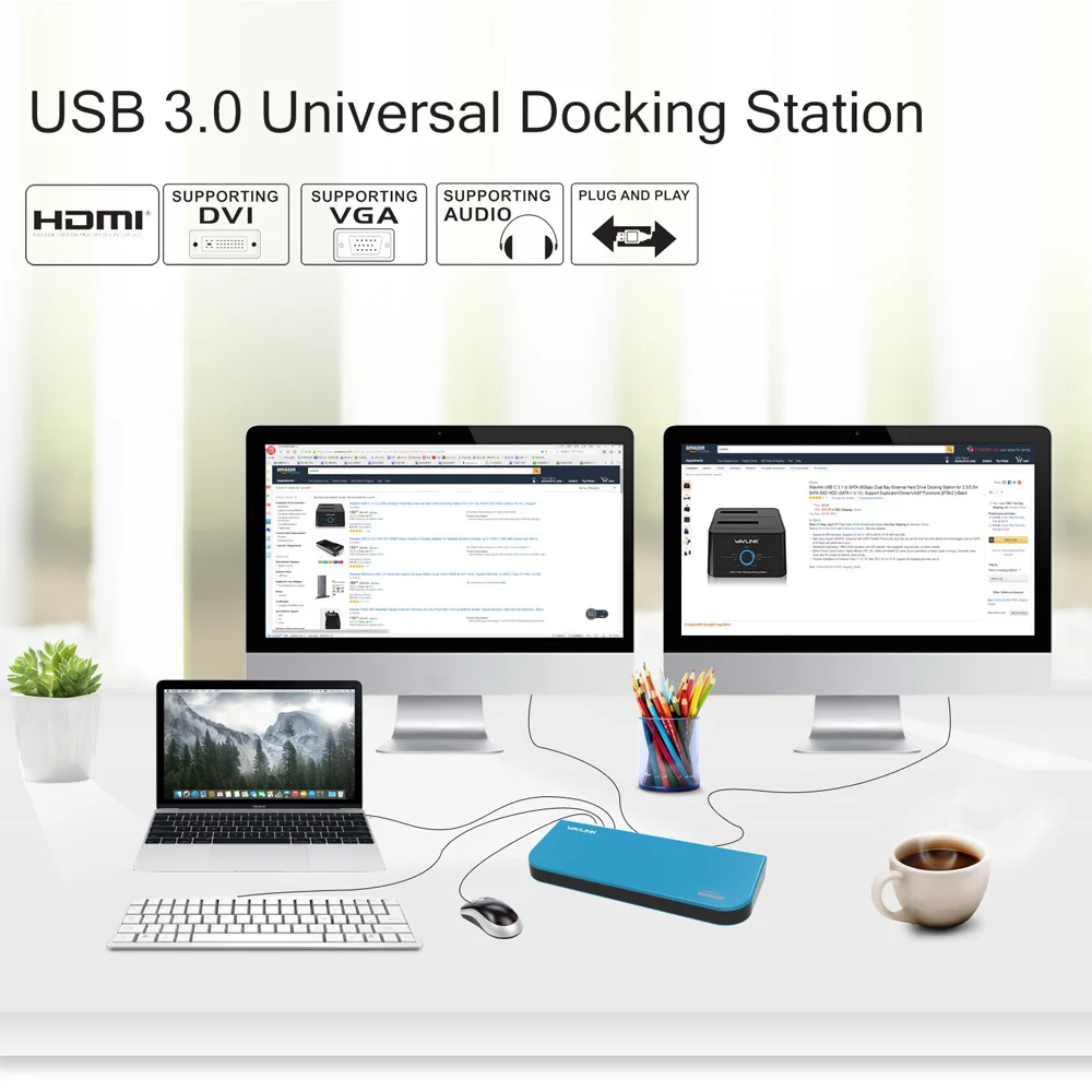 Wavlink Многофункциональный USB3.0 Универсальная док-станция с двумя видео Дисплей HDMI/DVI/VGA 1080 P Gigabit Ethernet для Mac OS Windows
