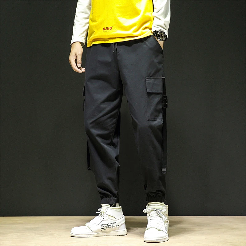 Негабаритный M-5XLNew, модные уличные мужские однотонные карманные брюки с свободным поясом для отдыха, эластичные прямые брюки
