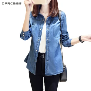 Casual Women Tops Fashion Long Sleeve Denim Shirt Pockets Solid Jeans Blouses Vintage Cotton Ladies Shirts Blue