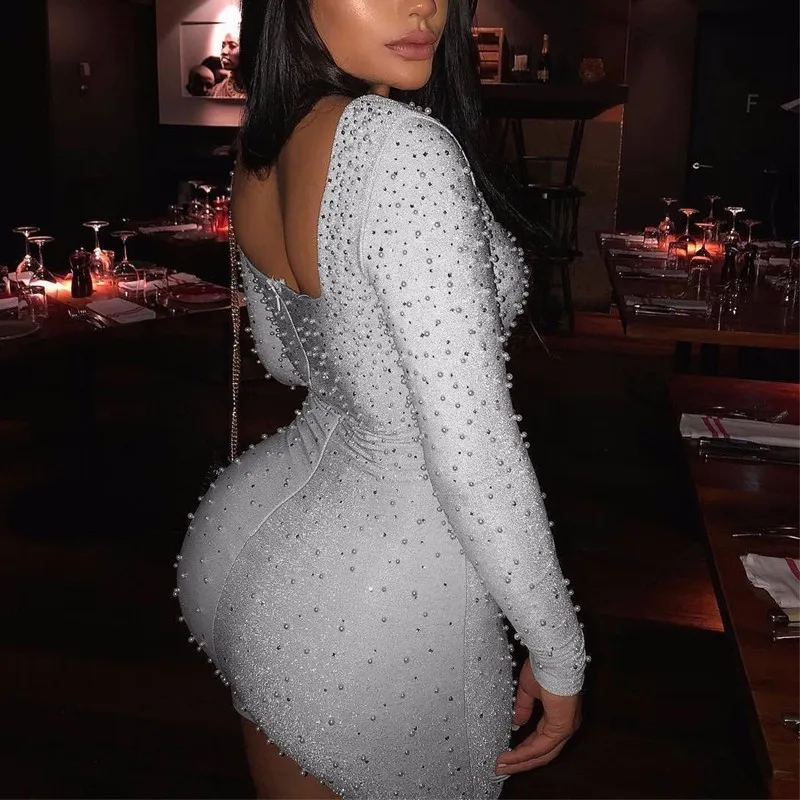 

Yissang 2019 Casual Hot Drilled Skinny Dress Long Sleeve Diamond Party Dresses Sexy Round Neck Grey Mini Dress SUMMER