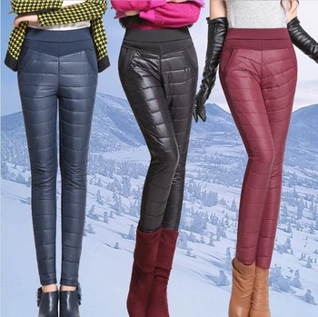 

New 2018 Winter Women Pants Fashion Stitching Slim Warm Windproof Down Pants Plus Thick Velvet Trousers Pants Feet