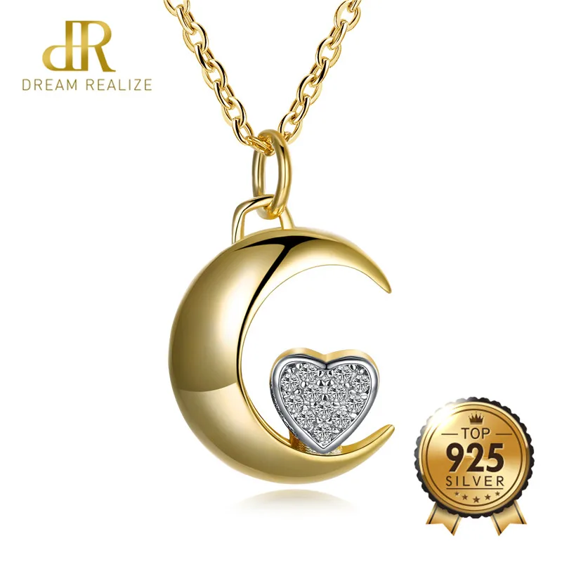 DR Classic Gold Луна и сердце S925 Цепочки и ожерелья Аутентичные стерлингового серебра 925 сертификат Цепочки и ожерелья s для Для женщин свадебные