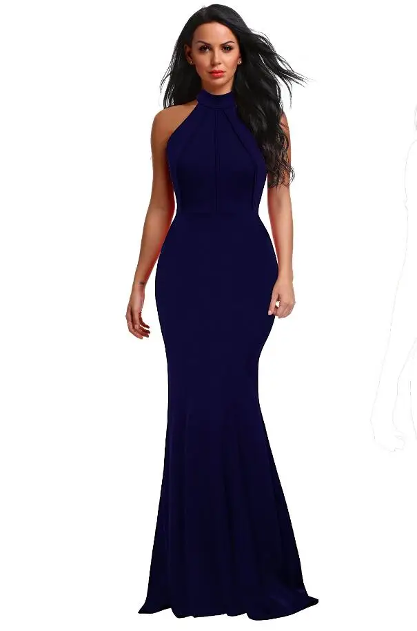 Berydress, элегантное женское сексуальное платье с бретелькой через шею, свадебное платье, без рукавов, бордовое облегающее платье макси, платье русалки - Цвет: 6075 Navy Blue