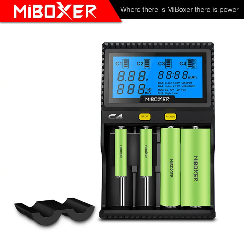 

Newest Miboxer C4 LCD Smart Battery Charger for Li-ion IMR ICR LiFePO4 18650 14500 26650 21700 AAA Batteries 100-800mAh 1.5A